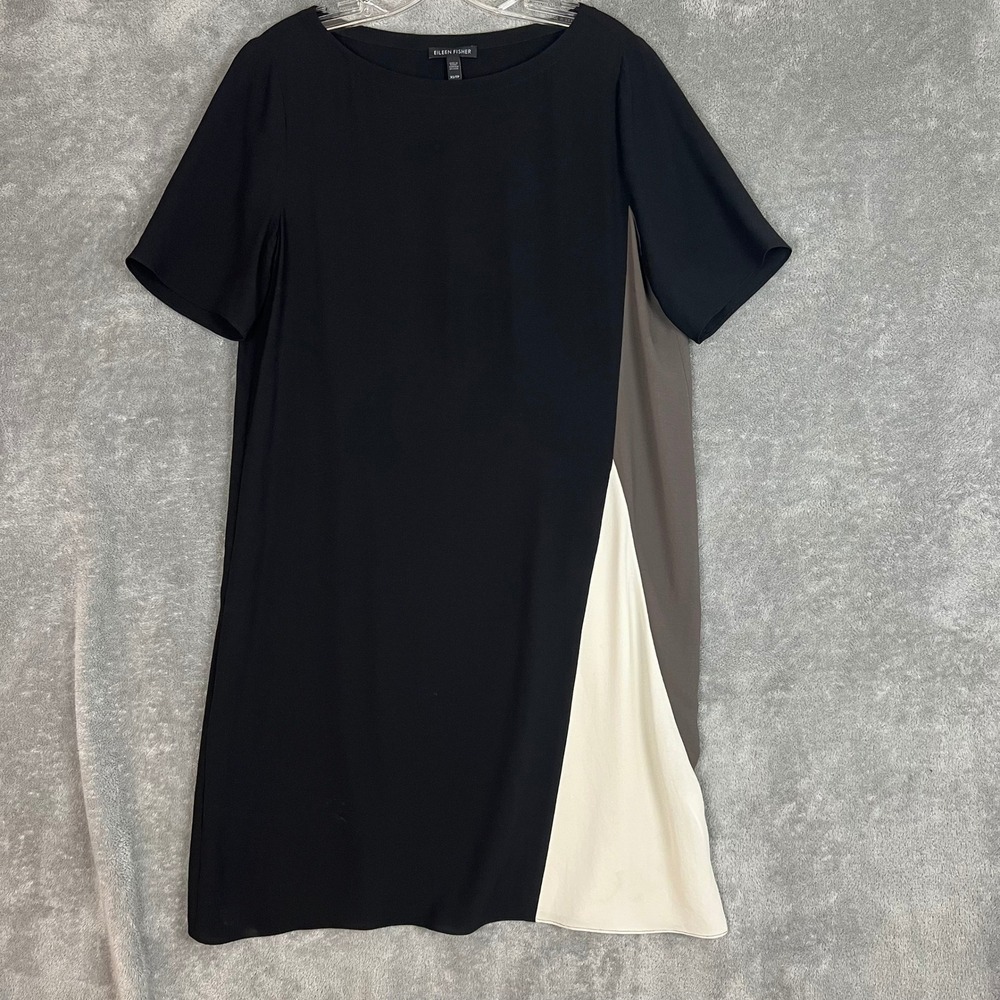 Eileen Fisher Shift Dress Womens XS Color Block 100% Silk Minimalist Sustainable
